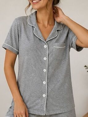 Women’s Gray Pajama Top Button Down Sleep Shirt Soft Lounge Shirt